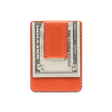 Orange leather Money Clip Wallet with $5 folded bill.