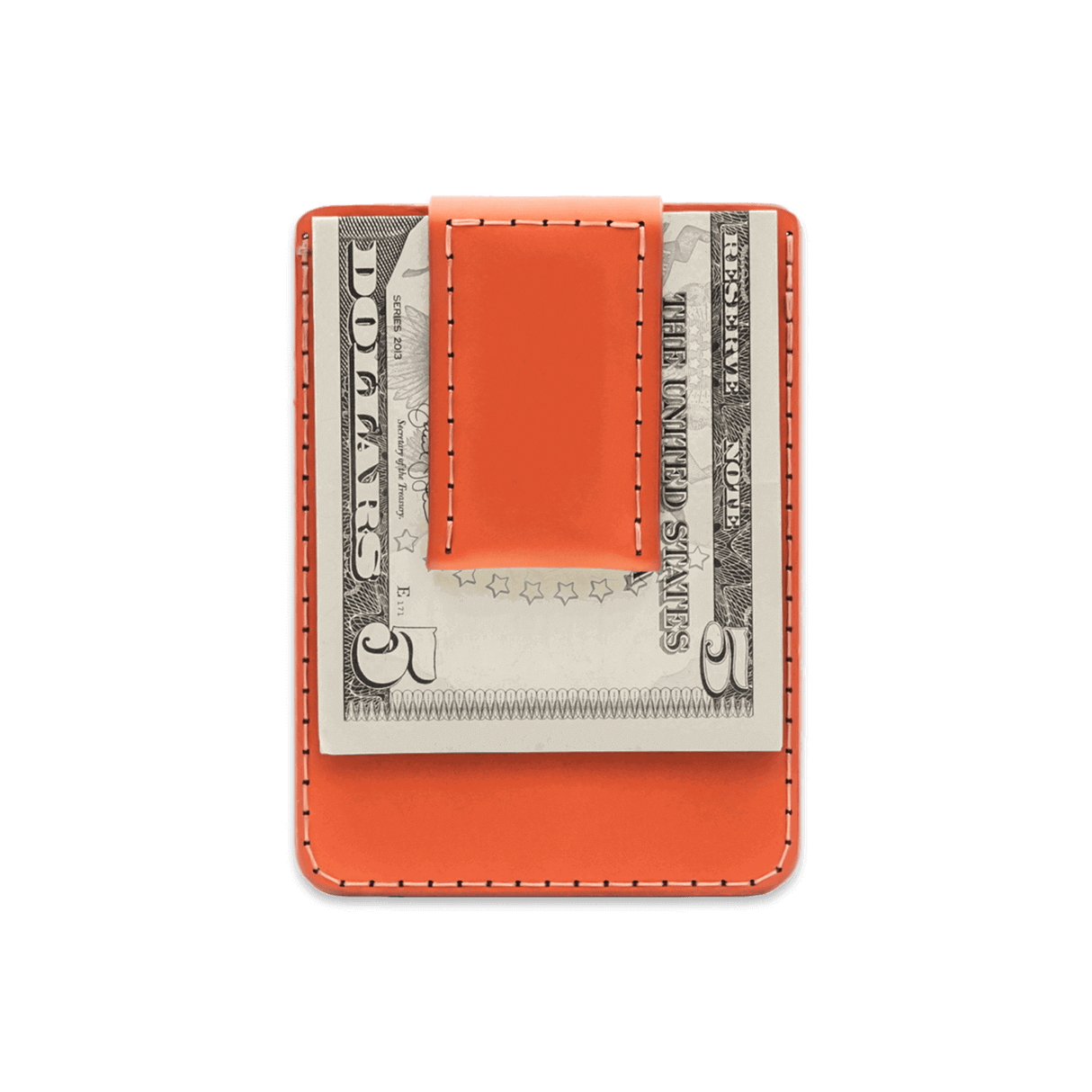 Orange leather Money Clip Wallet with $5 folded bill.