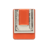 Orange leather Money Clip Wallet with $5 folded bill.