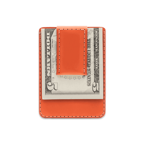 Orange leather Money Clip Wallet with $5 folded bill.