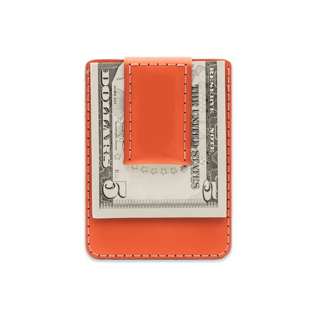 Orange leather Money Clip Wallet with $5 folded bill.