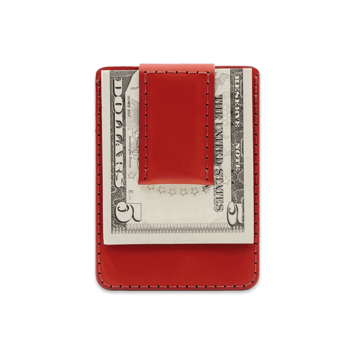 Red leather Money Clip Wallet with $5 folded bill.