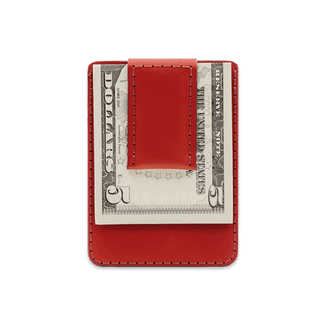 Red leather Money Clip Wallet with $5 folded bill.