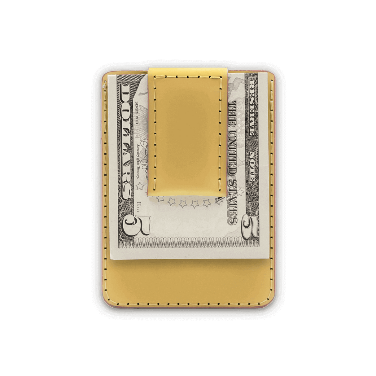 Yellow leather Money Clip Wallet with $5 folded bill.