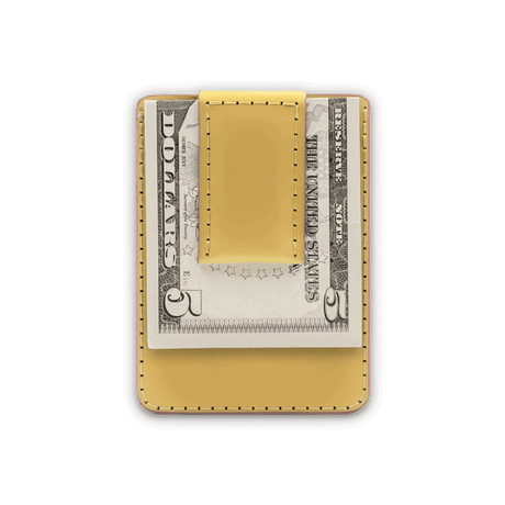 Yellow leather Money Clip Wallet with $5 folded bill.