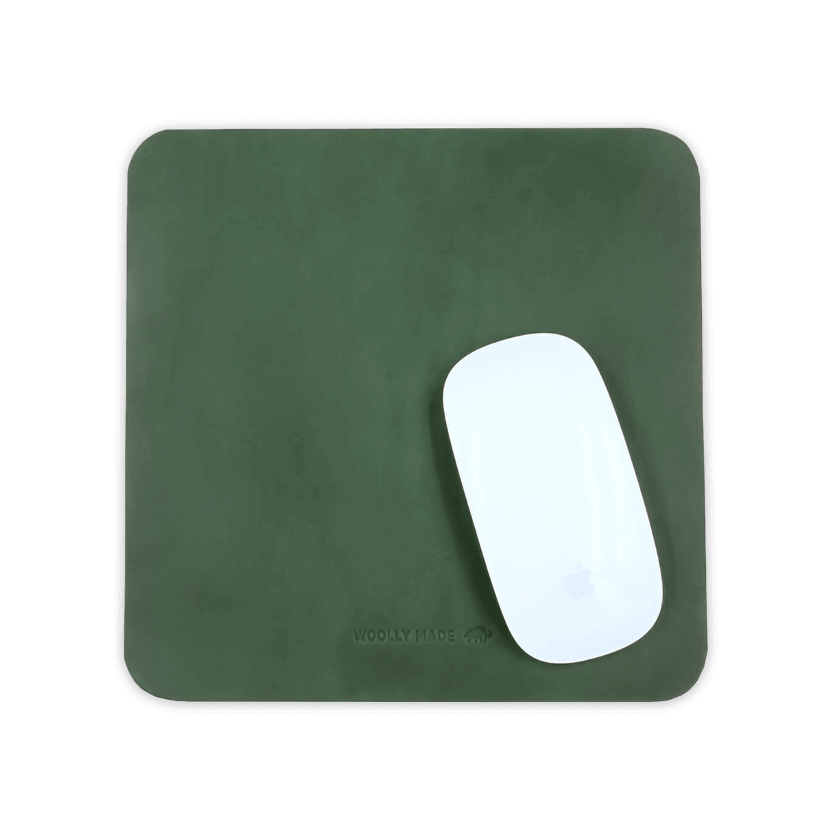 Green leather Mouse Pad with Apple Mouse.