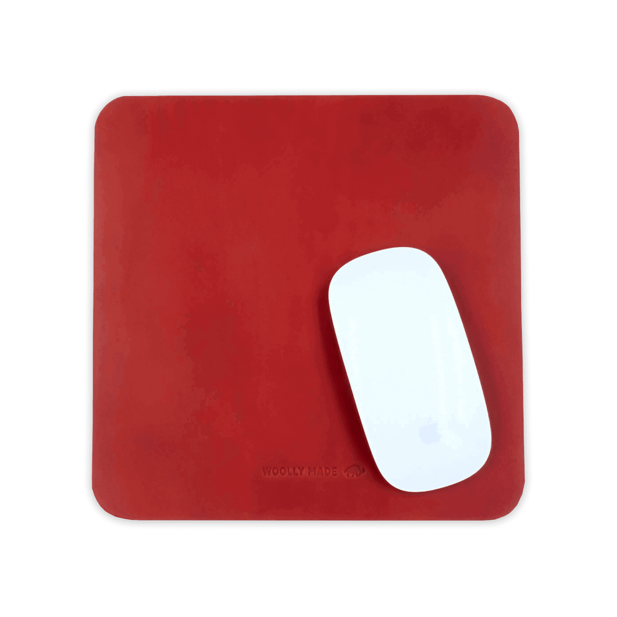 Red leather Mouse Pad with Apple Mouse.