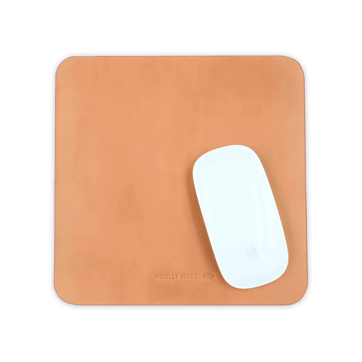 Tan leather Mouse Pad with Apple Mouse.