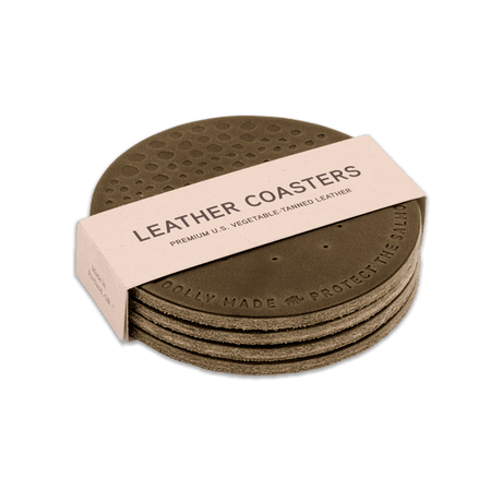 Protect the Salmon olive leather round coasters, stacked, hand-pressed design, Woolly Made logo.