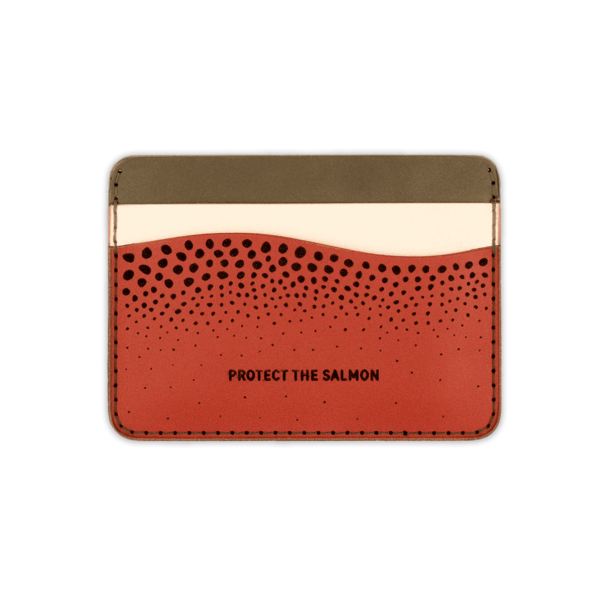 Olive, tusk, salmon leather, wave pocket, etched salmon pattern, text.