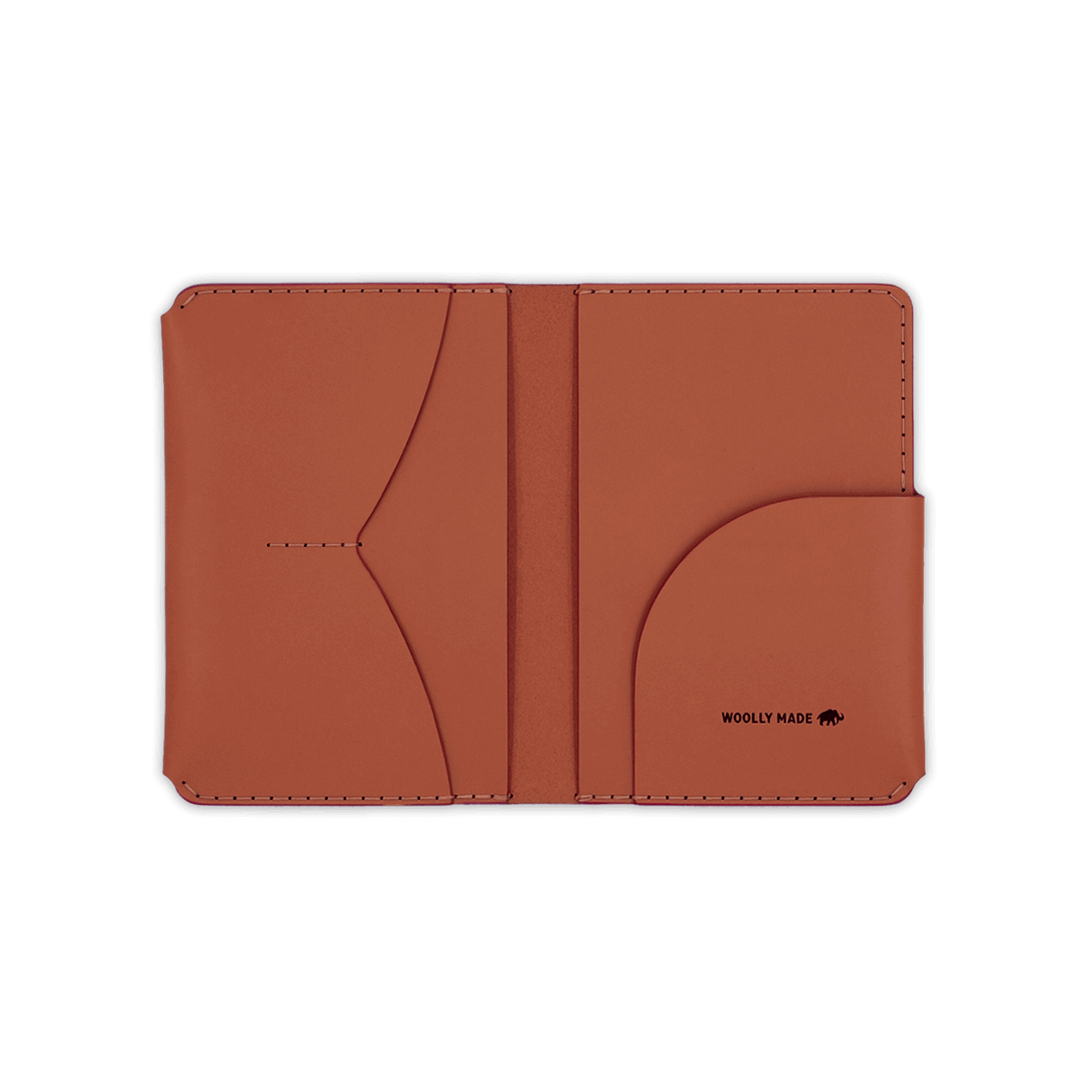 Brown leather Passport Wallet open view with etched Woolly Made logo.