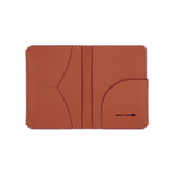 Brown leather Passport Wallet open view with etched Woolly Made logo.