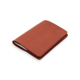 Brown leather Passport Cover 3/4 angle view with passport.