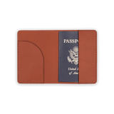 Brown leather Passport Cover open view with passport.