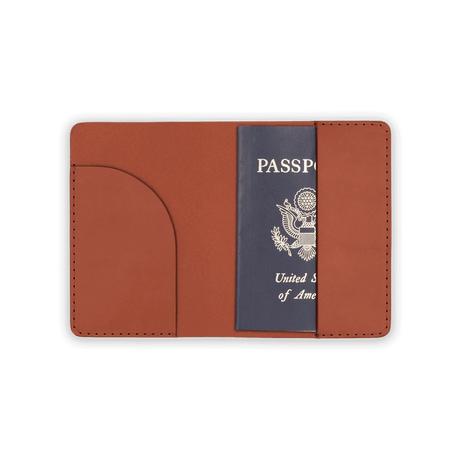 Brown leather Passport Cover open view with passport.