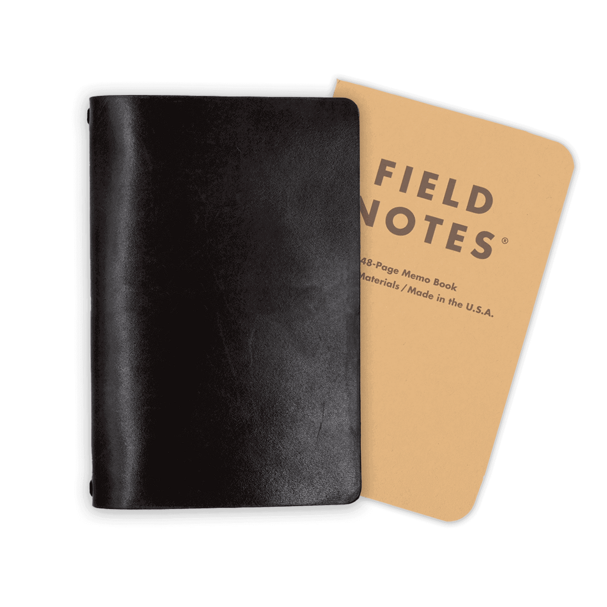 Black glazed leather Journal closed view with Field Notes notebook.