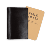 Black glazed leather Journal closed view with Field Notes notebook.