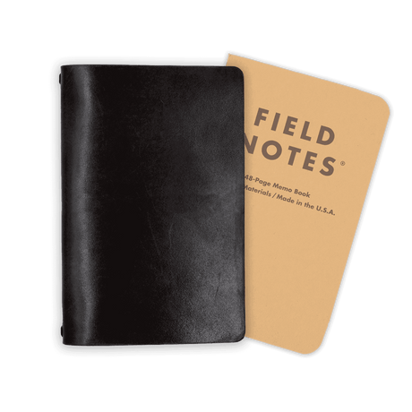 Black glazed leather Journal closed view with Field Notes notebook.