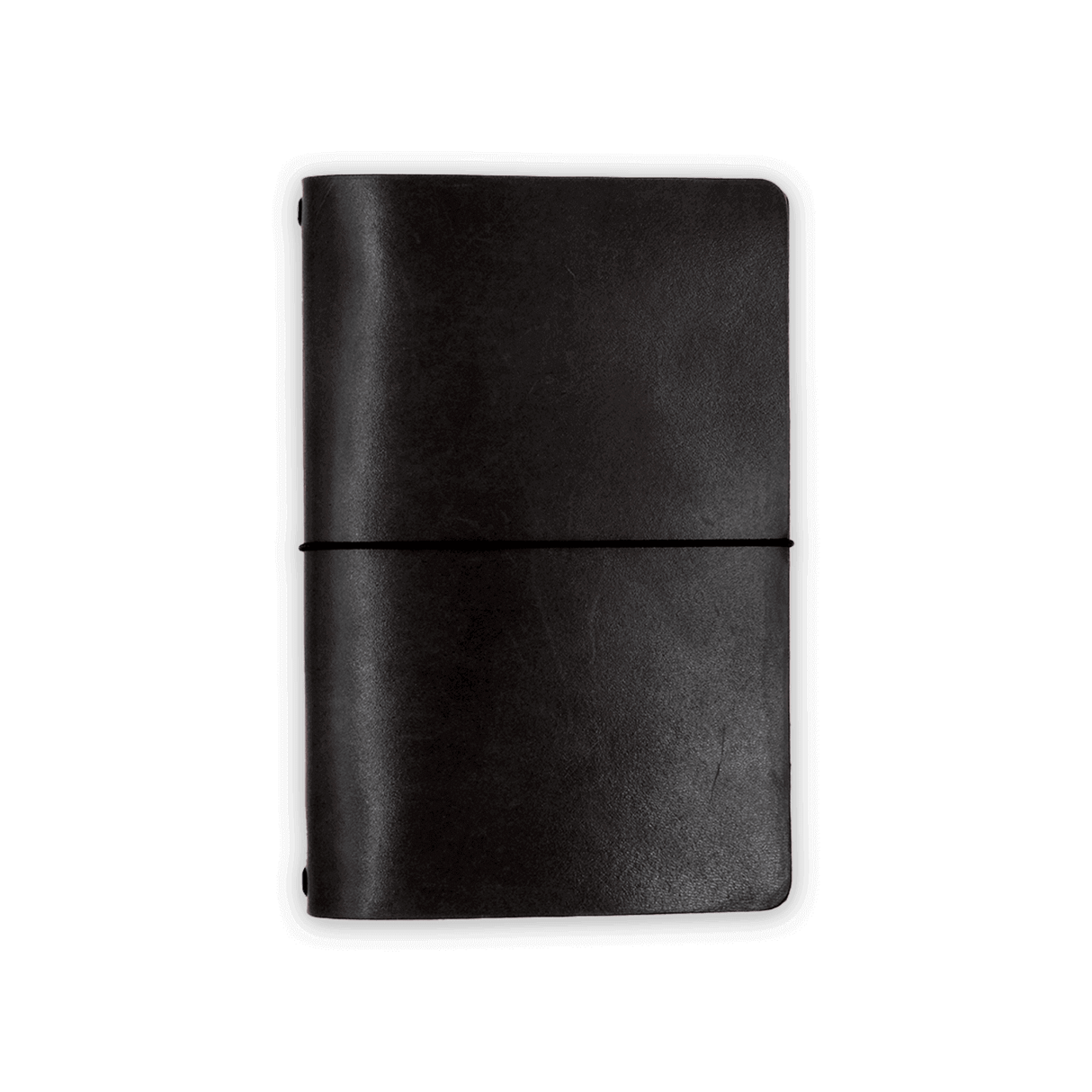 Black glazed leather Journal closed view with elastic strap.