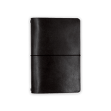 Black glazed leather Journal closed view with elastic strap.