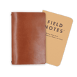 Brown glazed leather Journal closed view with Field Notes notebook.