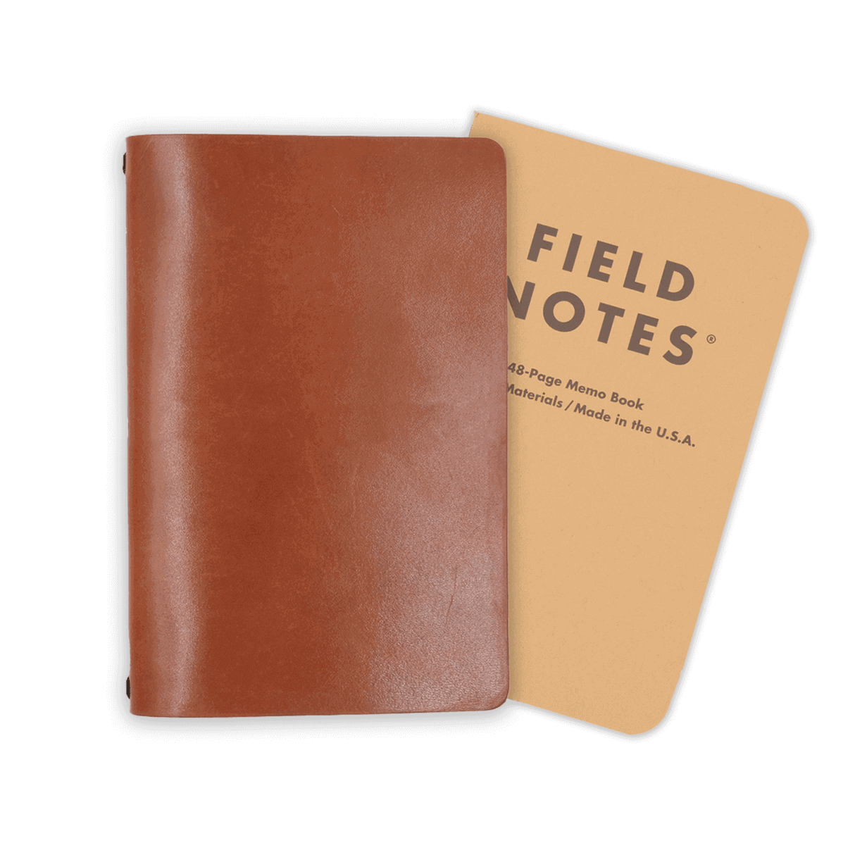 Brown glazed leather Journal closed view with Field Notes notebook.