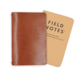 Brown glazed leather Journal closed view with Field Notes notebook.