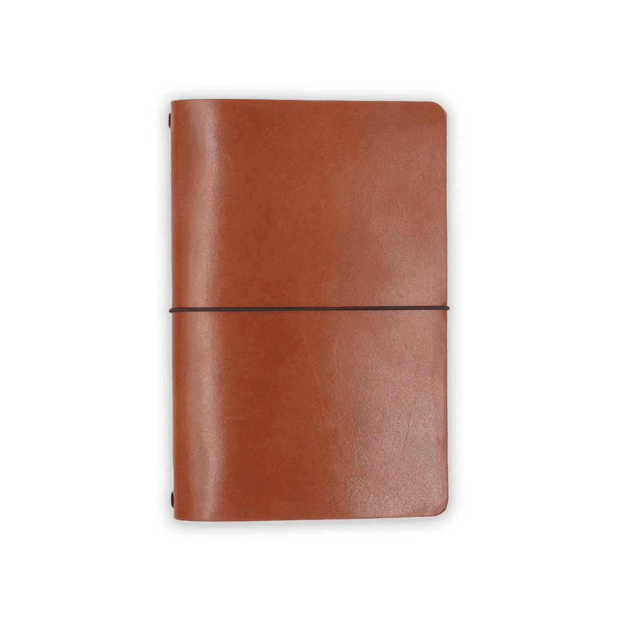 Brown glazed leather Journal closed view with elastic strap.