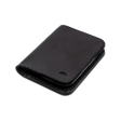 Black leather Portrait Wallet 3/4 angle view with hand-pressed Woolly Made logo.