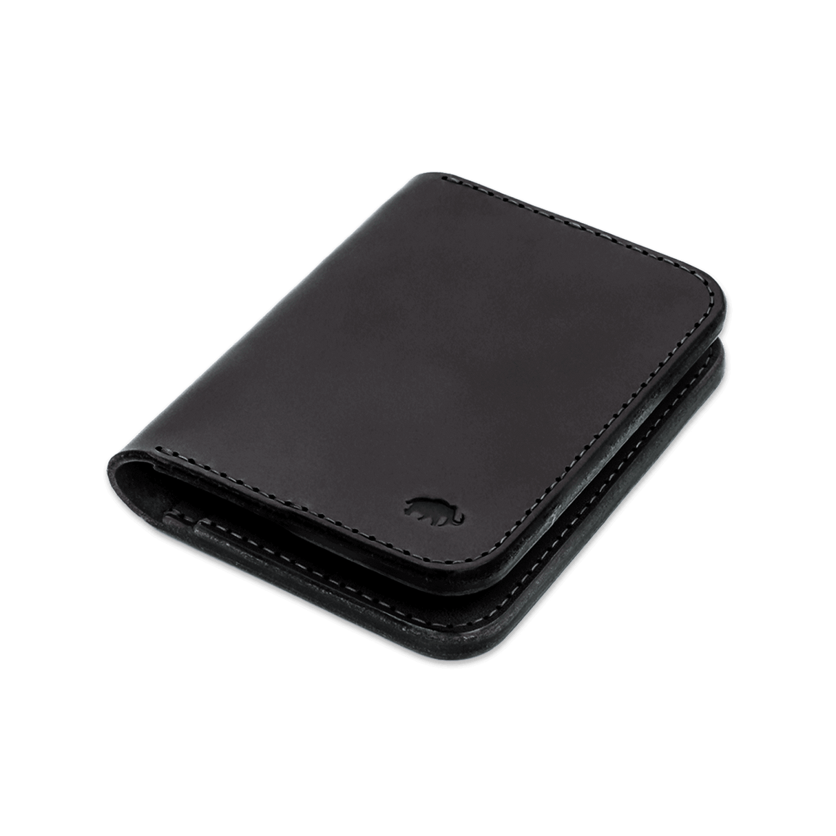 Black leather Portrait Wallet 3/4 angle view with hand-pressed Woolly Made logo.