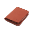 Brown leather Portrait Wallet 3/4 angle view with hand-pressed Woolly Made logo.