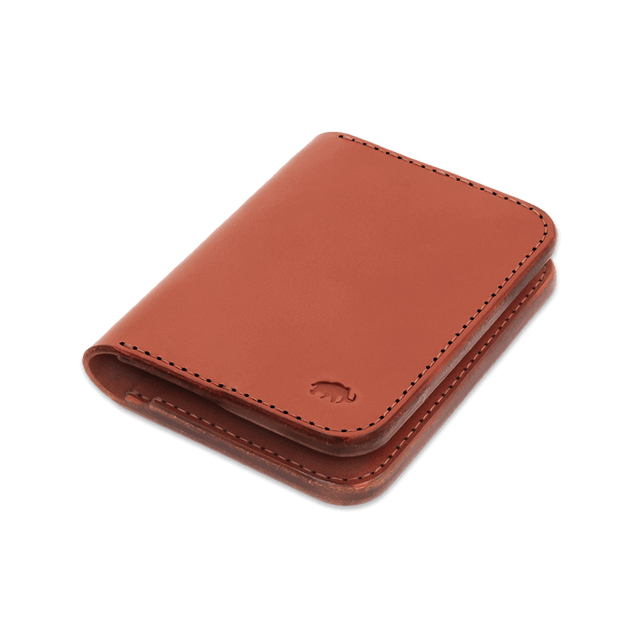 Brown leather Portrait Wallet 3/4 angle view with hand-pressed Woolly Made logo.