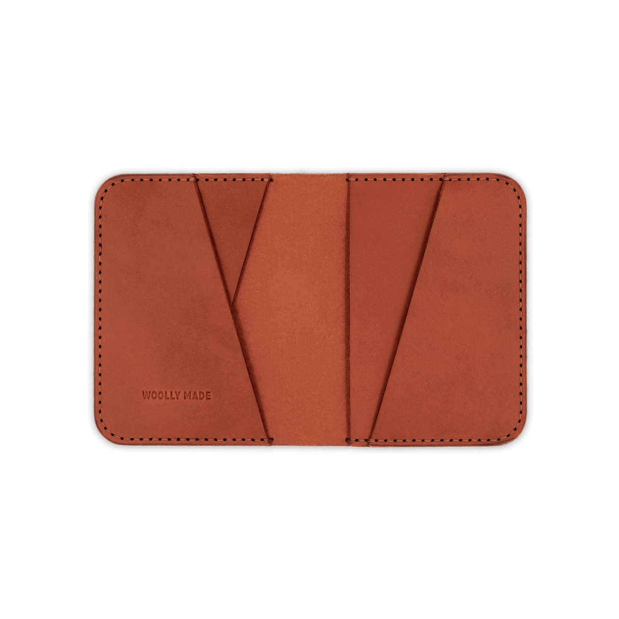 Brown leather Portrait Wallet open view with hand-pressed Woolly Made logo.