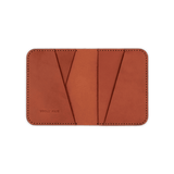 Brown leather Portrait Wallet open view with hand-pressed Woolly Made logo.