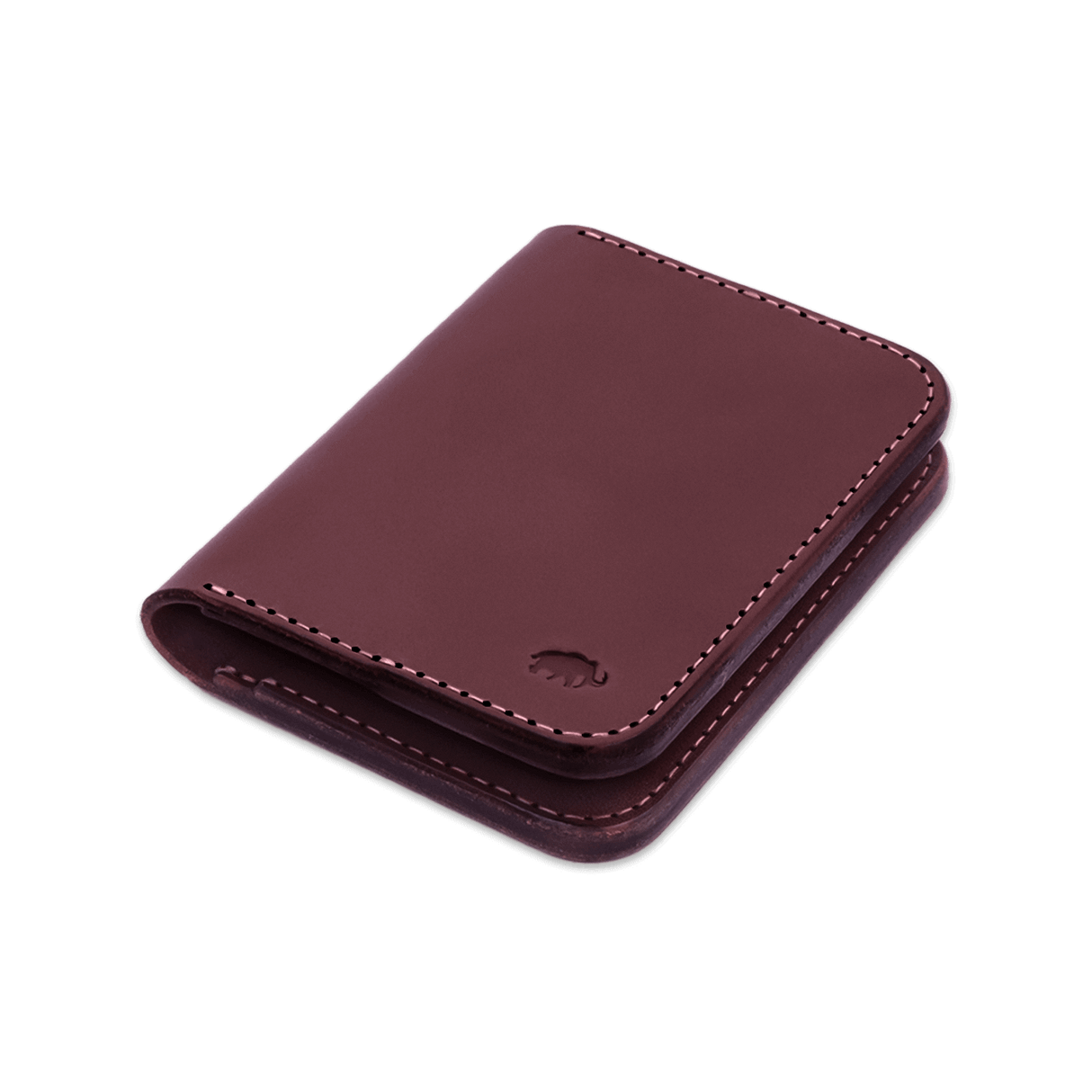 Burgundy leather Portrait Wallet 3/4 angle view with hand-pressed Woolly Made logo.