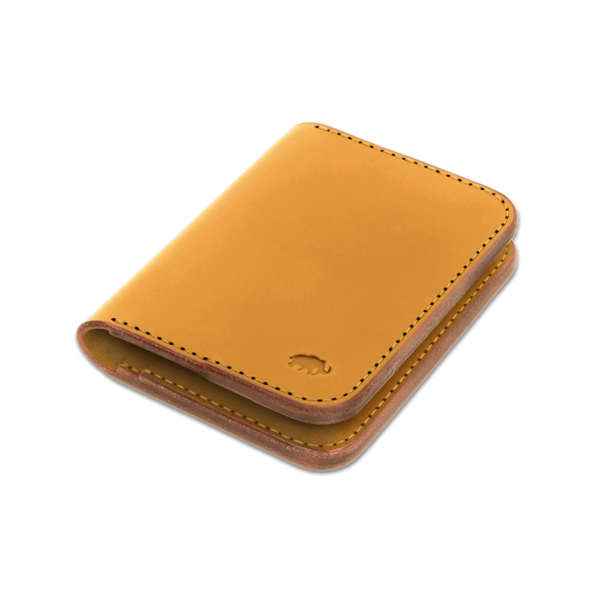 Gold leather Portrait Wallet 3/4 angle view with hand-pressed Woolly Made logo.