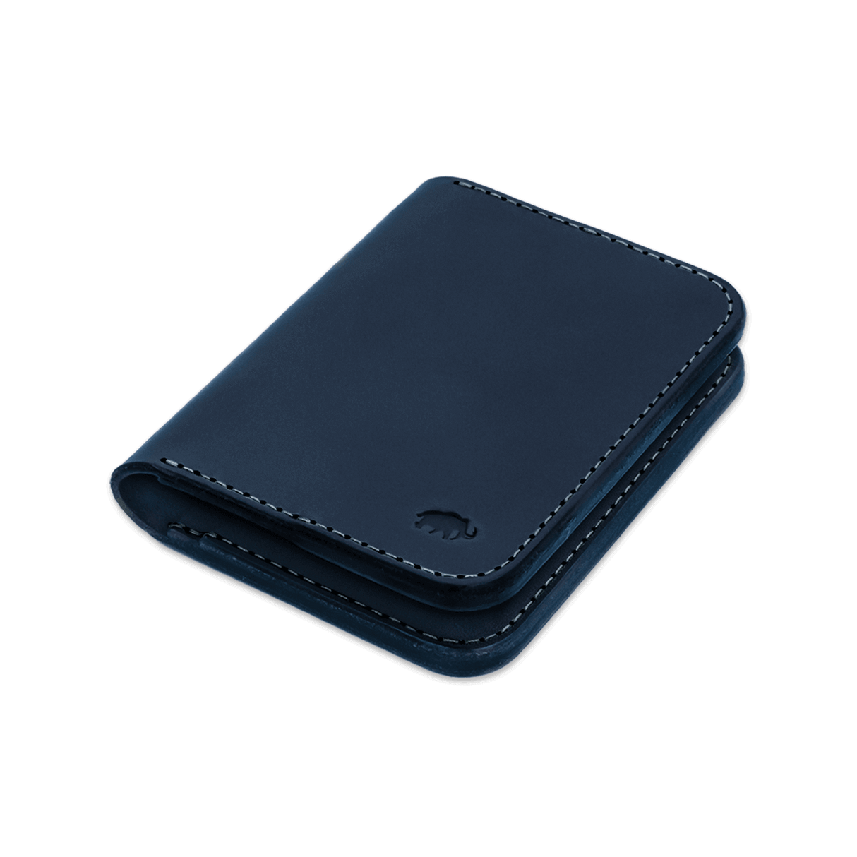 Navy leather Portrait Wallet 3/4 angle view with hand-pressed Woolly Made logo.