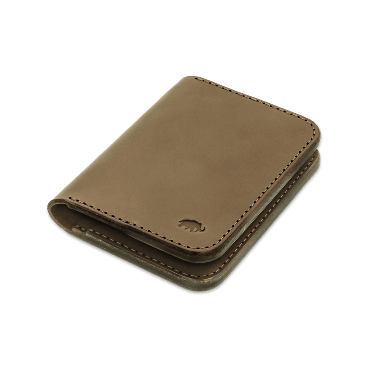 Olive leather Portrait Wallet 3/4 angle view with hand-pressed Woolly Made logo.