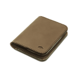 Olive leather Portrait Wallet 3/4 angle view with hand-pressed Woolly Made logo.