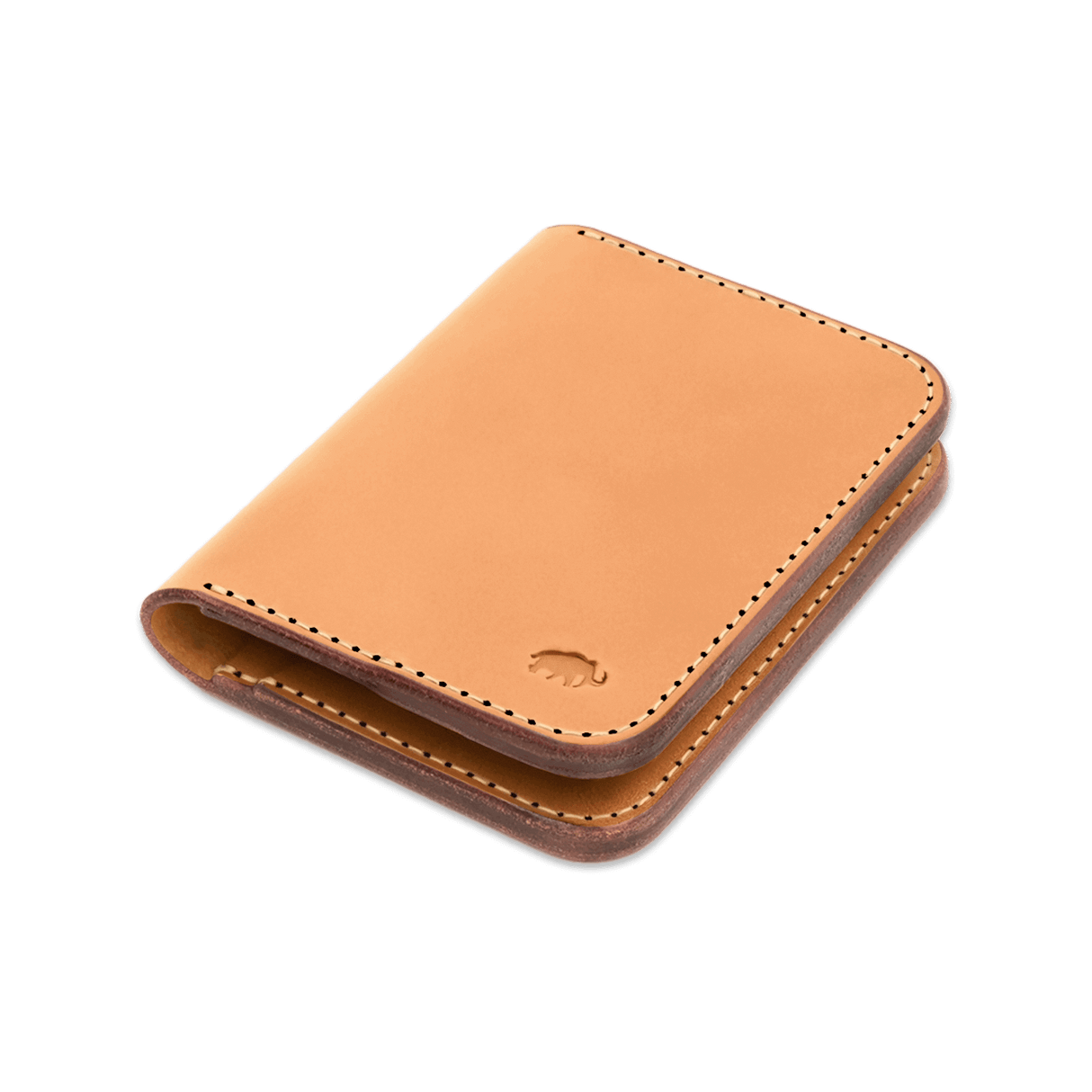 Tan leather Portrait Wallet 3/4 angle view with hand-pressed Woolly Made logo.