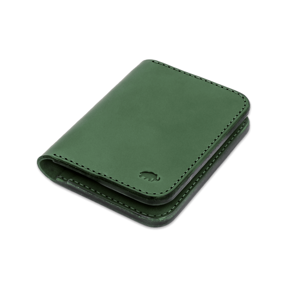 Green leather Portrait Wallet 3/4 angle view with hand-pressed Woolly Made logo.