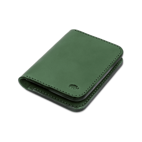 Green leather Portrait Wallet 3/4 angle view with hand-pressed Woolly Made logo.