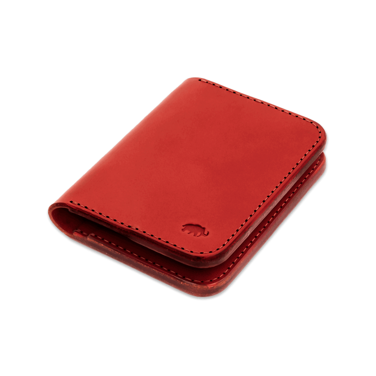 Red leather Portrait Wallet 3/4 angle view with hand-pressed Woolly Made logo.