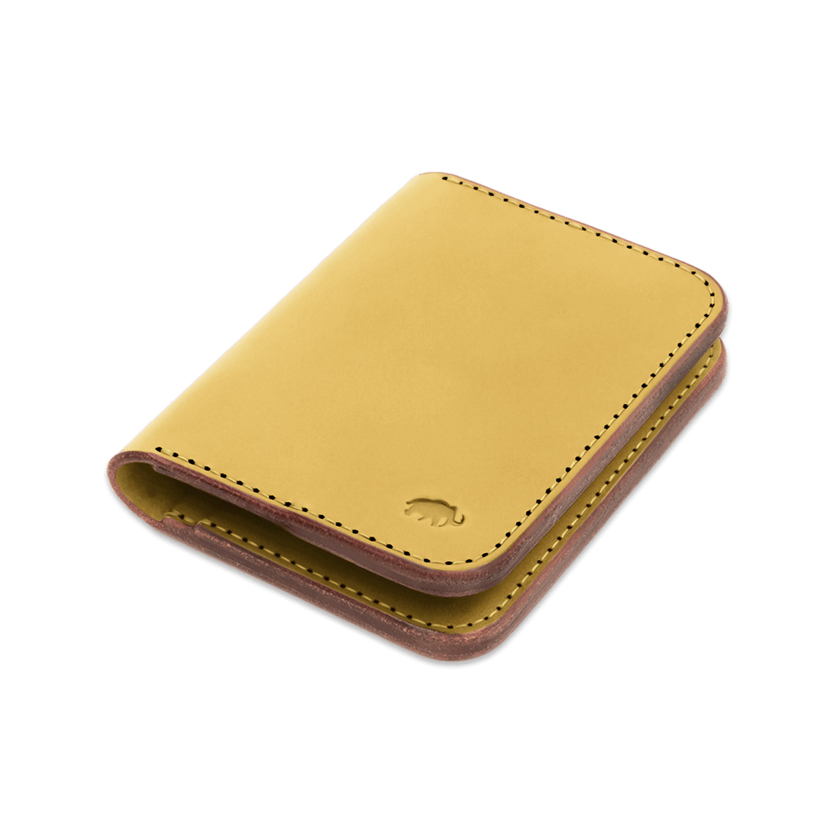 Yellow leather Portrait Wallet 3/4 angle view with hand-pressed Woolly Made logo.