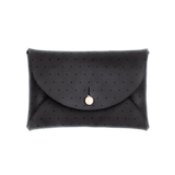 Black leather Pouch Wallet with decorative perforation and brass hardware.