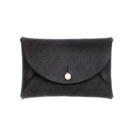 Black leather Pouch Wallet with decorative perforation and brass hardware.