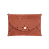 Brown leather Pouch Wallet with decorative perforation and brass hardware.