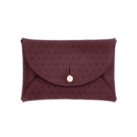 Burgundy leather Pouch Wallet with decorative perforation and brass hardware.