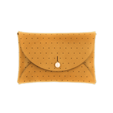 Gold leather Pouch Wallet with decorative perforation and brass hardware.