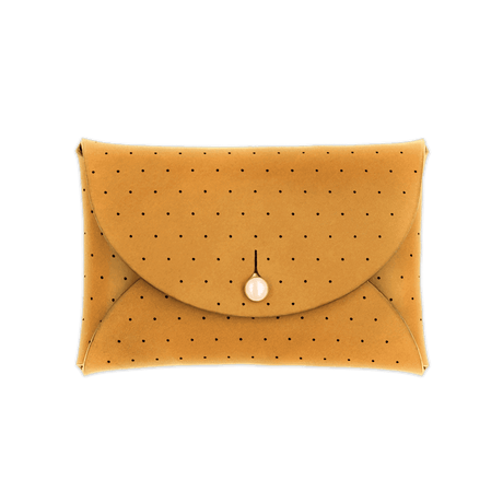 Gold leather Pouch Wallet with decorative perforation and brass hardware.